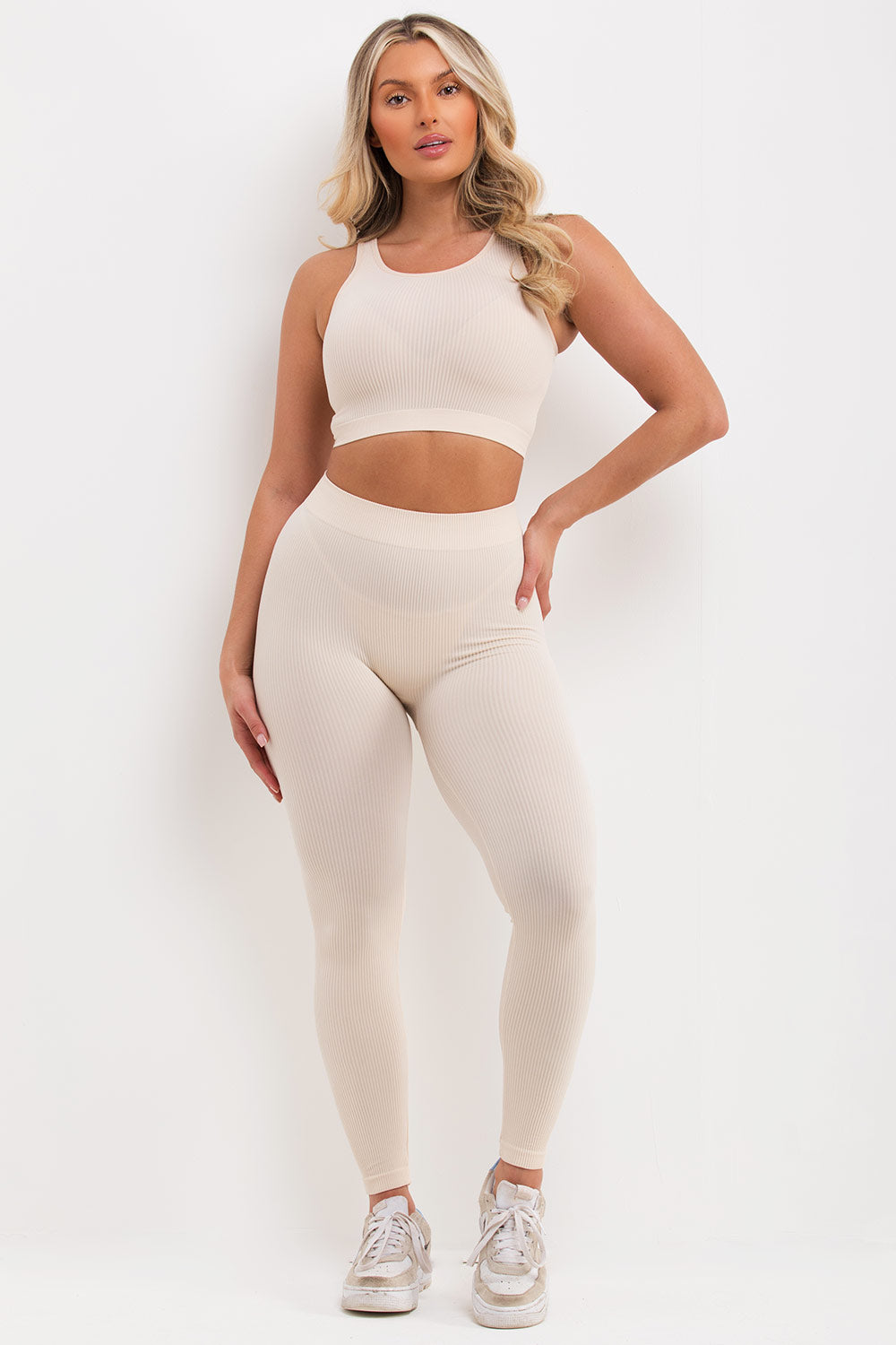 MAMA 2-piece Ribbed Top and Leggings Set - Light beige - Ladies
