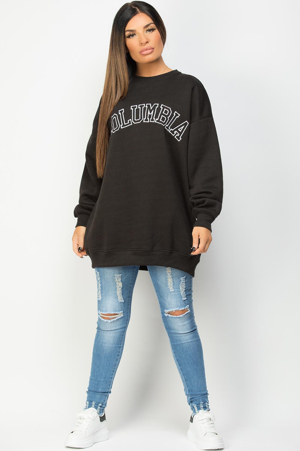 black sweatshirt with columbia slogan 