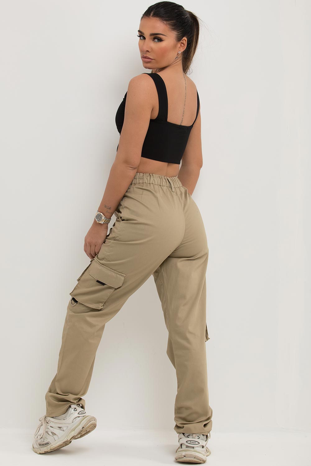 high waisted straight leg cargo trousers with pockets