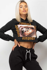 black couture slogan cropped hoodie 