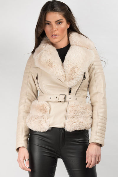 belted faux fur faux leather jacket cream 