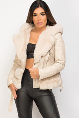 cream faux fur faux leather hooded jacket 