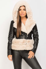 black faux leather faux fur belted hooded jacket 