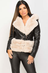 womens faux leather aviator hooded jacket 