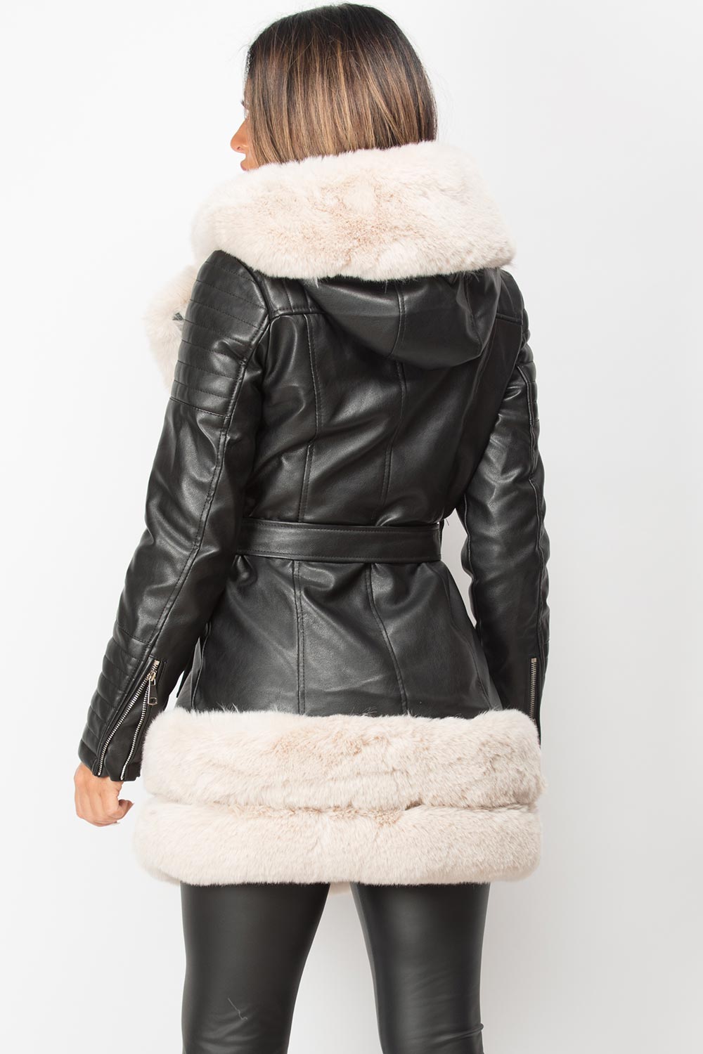 faux leather faux fur hooded belted long jacket biker style 
