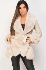 cream faux fur faux leather belted jacket 