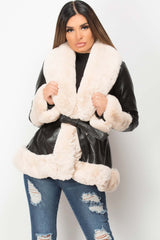 faux leather belted jacket with cream faux fur 