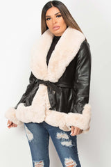 cream faux fur faux leather belted jacket 