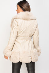 faux fur faux leather belted jacket cream 