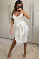 belted knitted ribbed midi dress cream