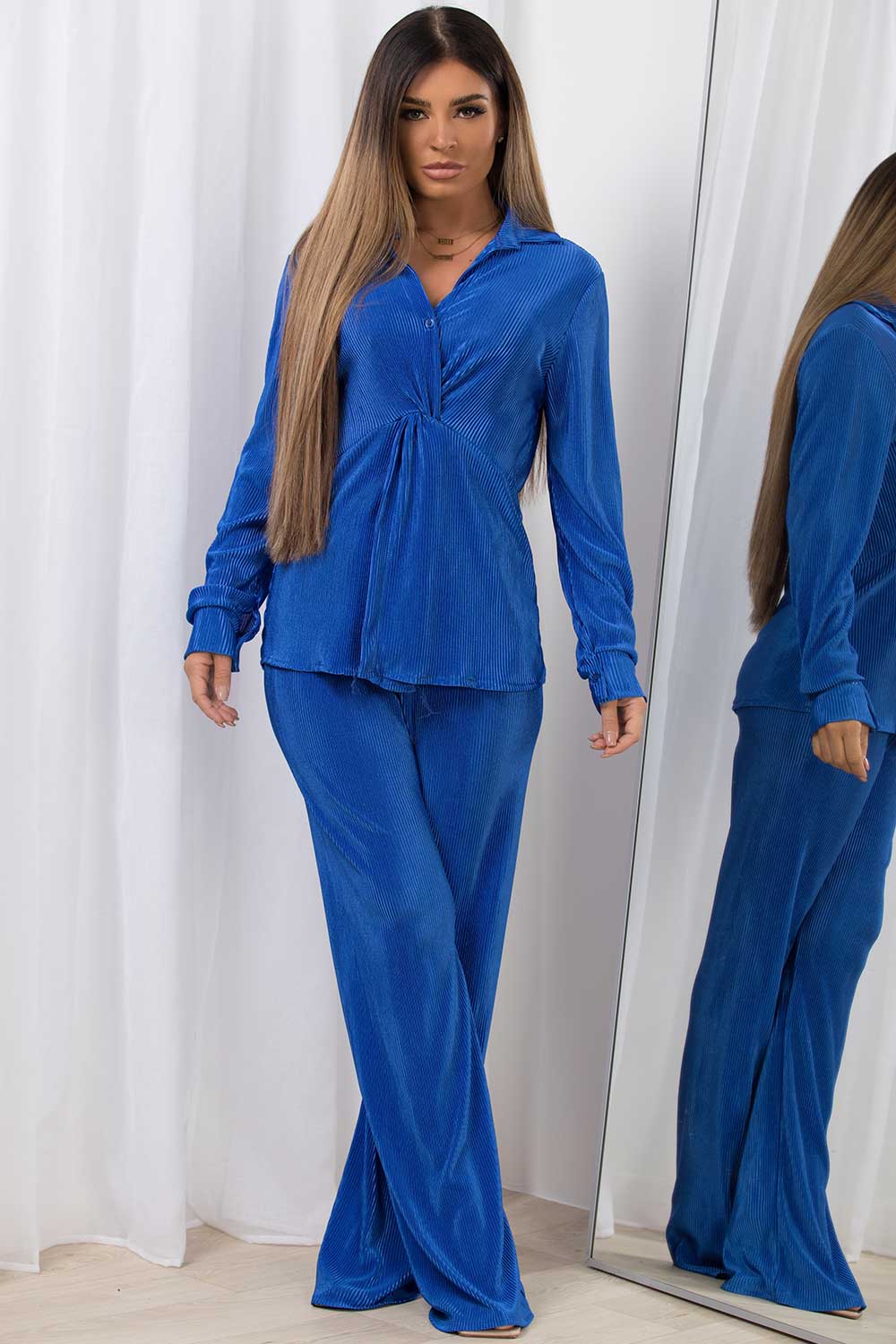 twist front plisse shirt and trousers co ord set