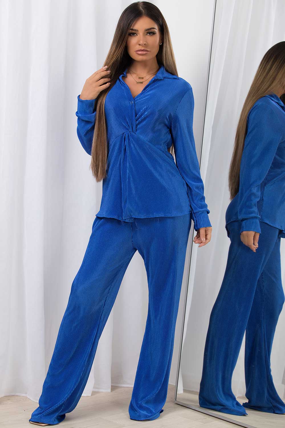 plisse shirt and trousers co ord set royal blue
