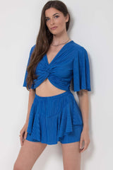 crinkle shorts and v neck top two piece set blue