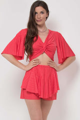 red crinkle shorts top two piece set