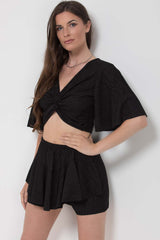 black crinkle shorts top two piece set