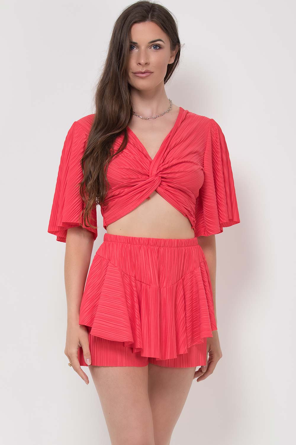red crinkle shorts and top two piece set