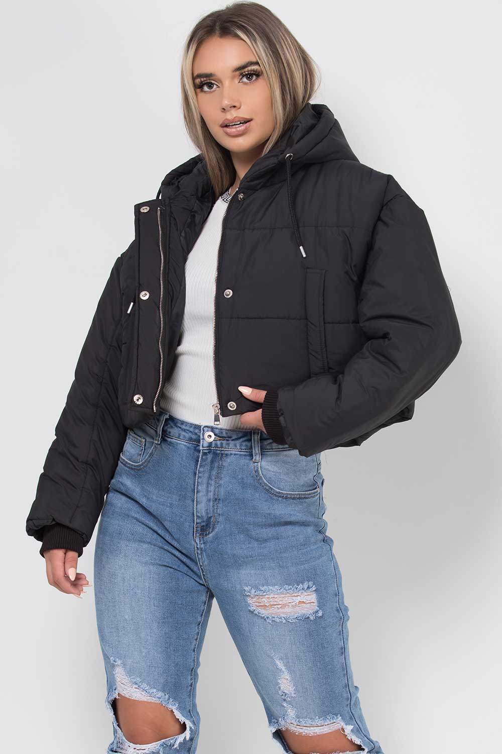 Women's Black Crop Puffer Jacket With Hood Oversized Padded Coat ...