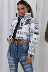 newspaper print jacket cropped