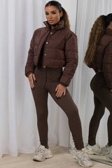 womens crop puffer jacket brown