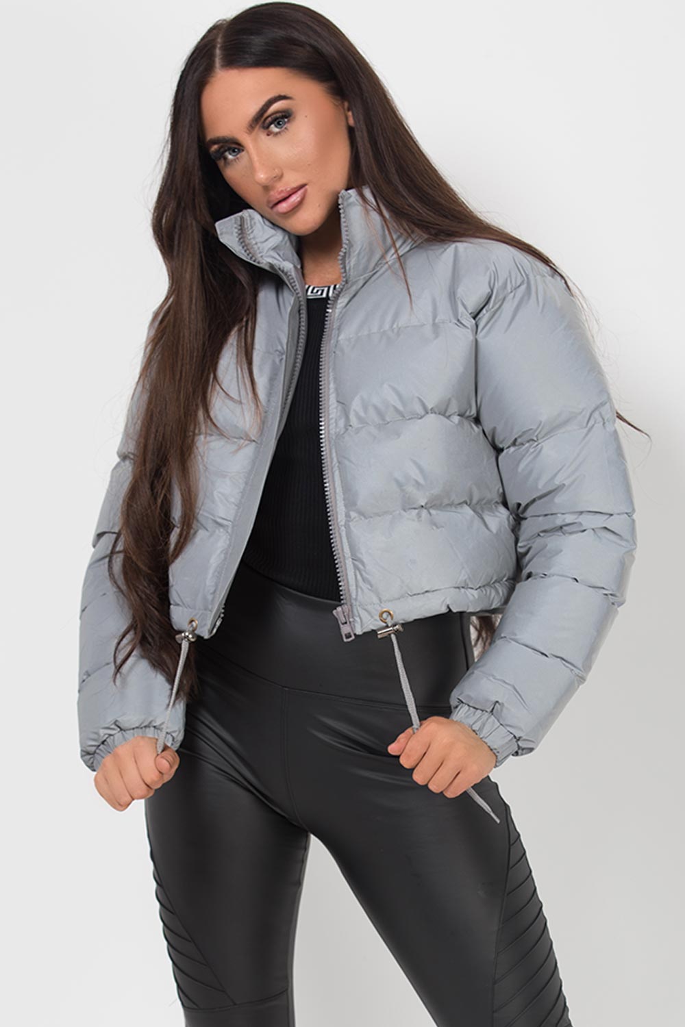 womens cropped puffer padded jacket grey