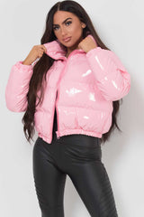shiny crop puffer jacket pink