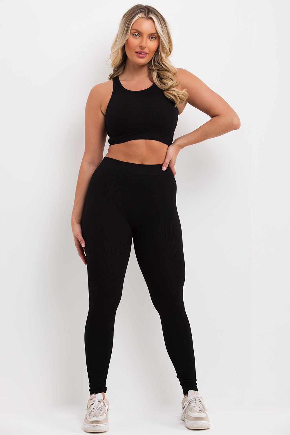 Ribbed Leggings And Crop Top Co Ord Set Black –