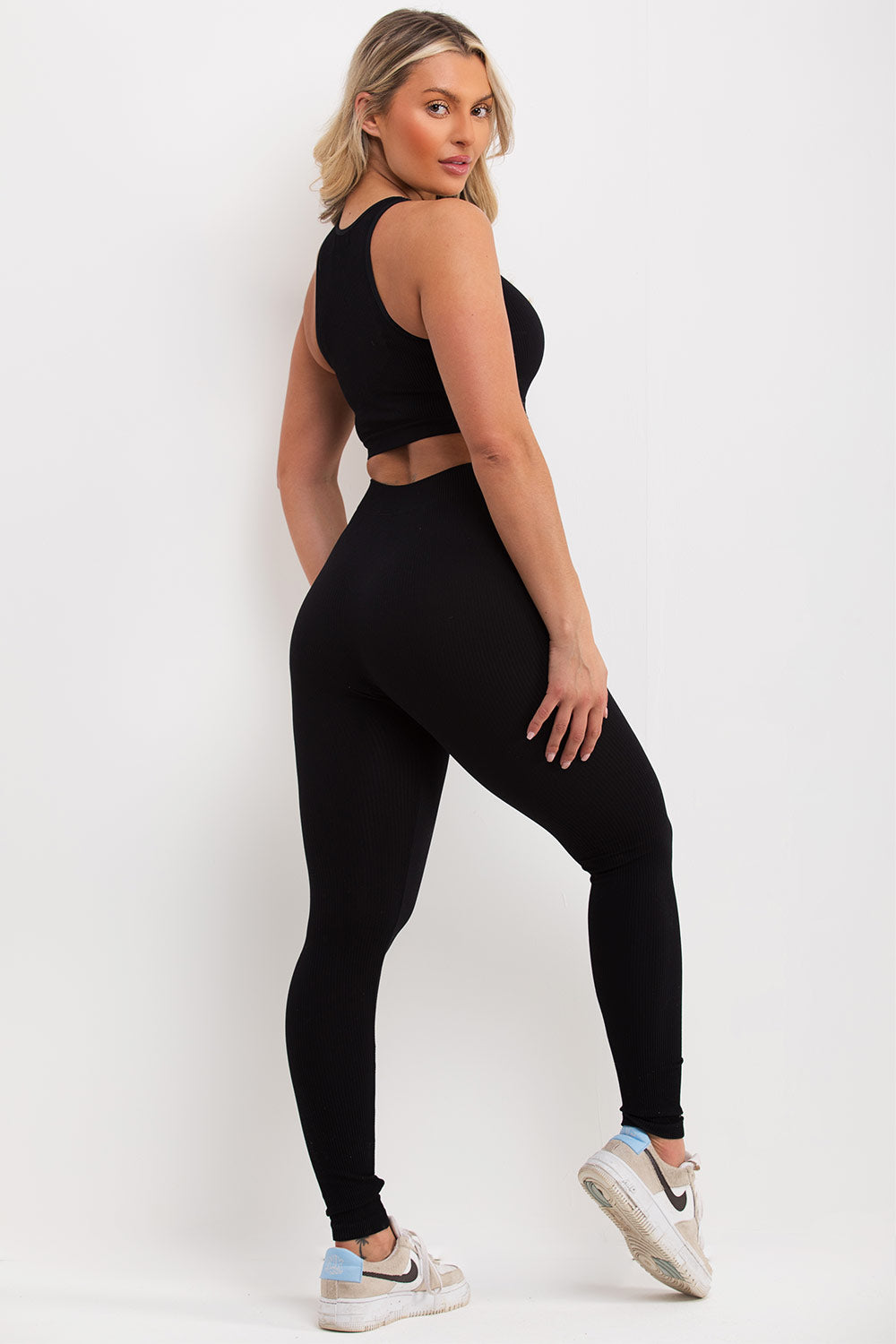 high waisted ribbed leggings and crop top co ord set black uk