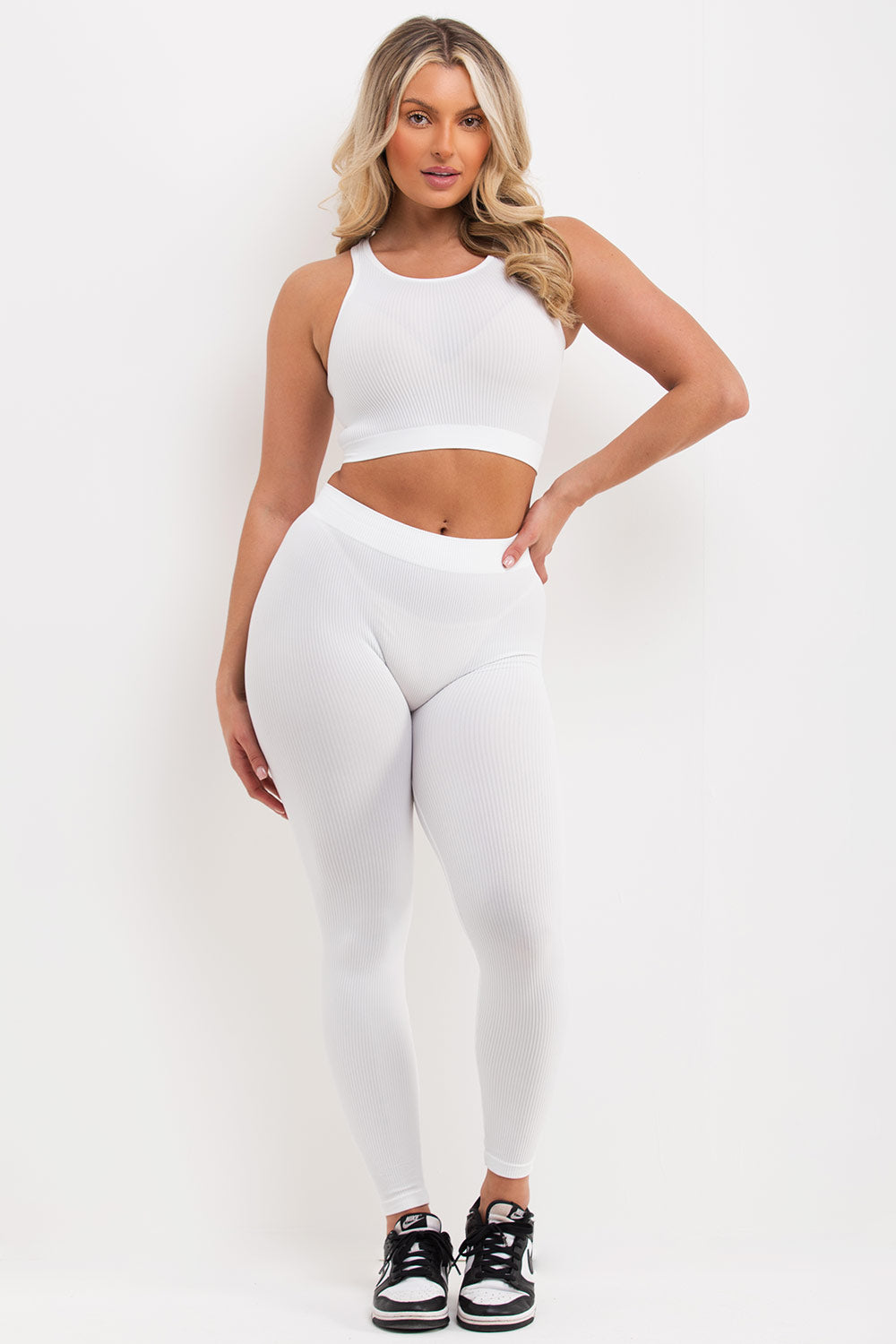 white ribbed leggings and crop top co ord set uk