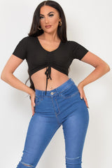 black ribbed ruched front crop top