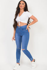 White Crop Top With Ruched Front