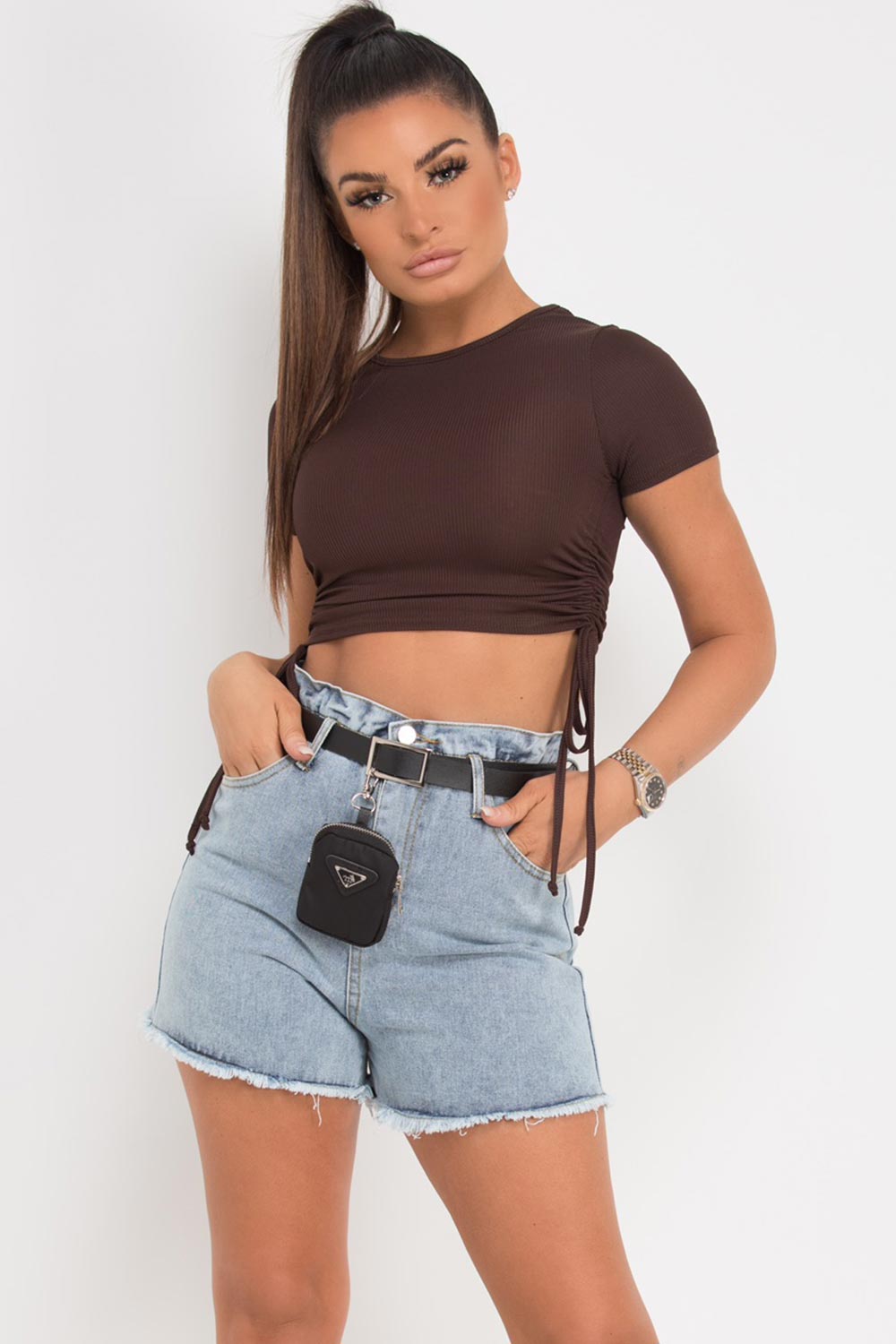 ruched side crop top chocolate brown 