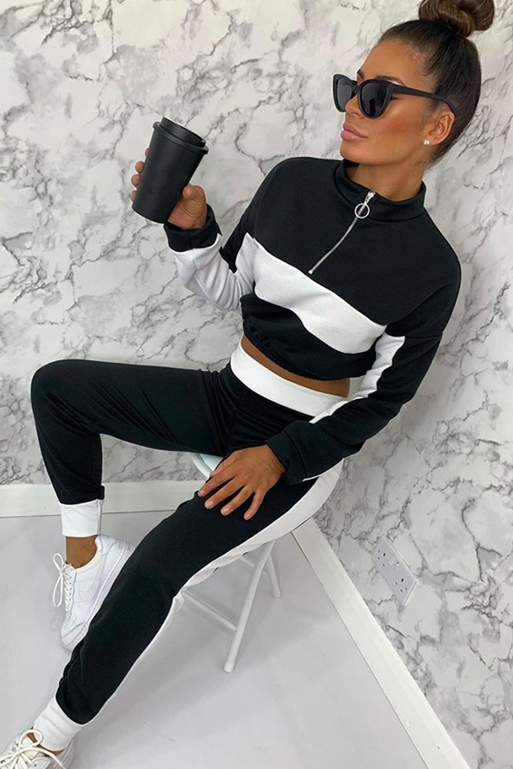 black and white cropped lounge set