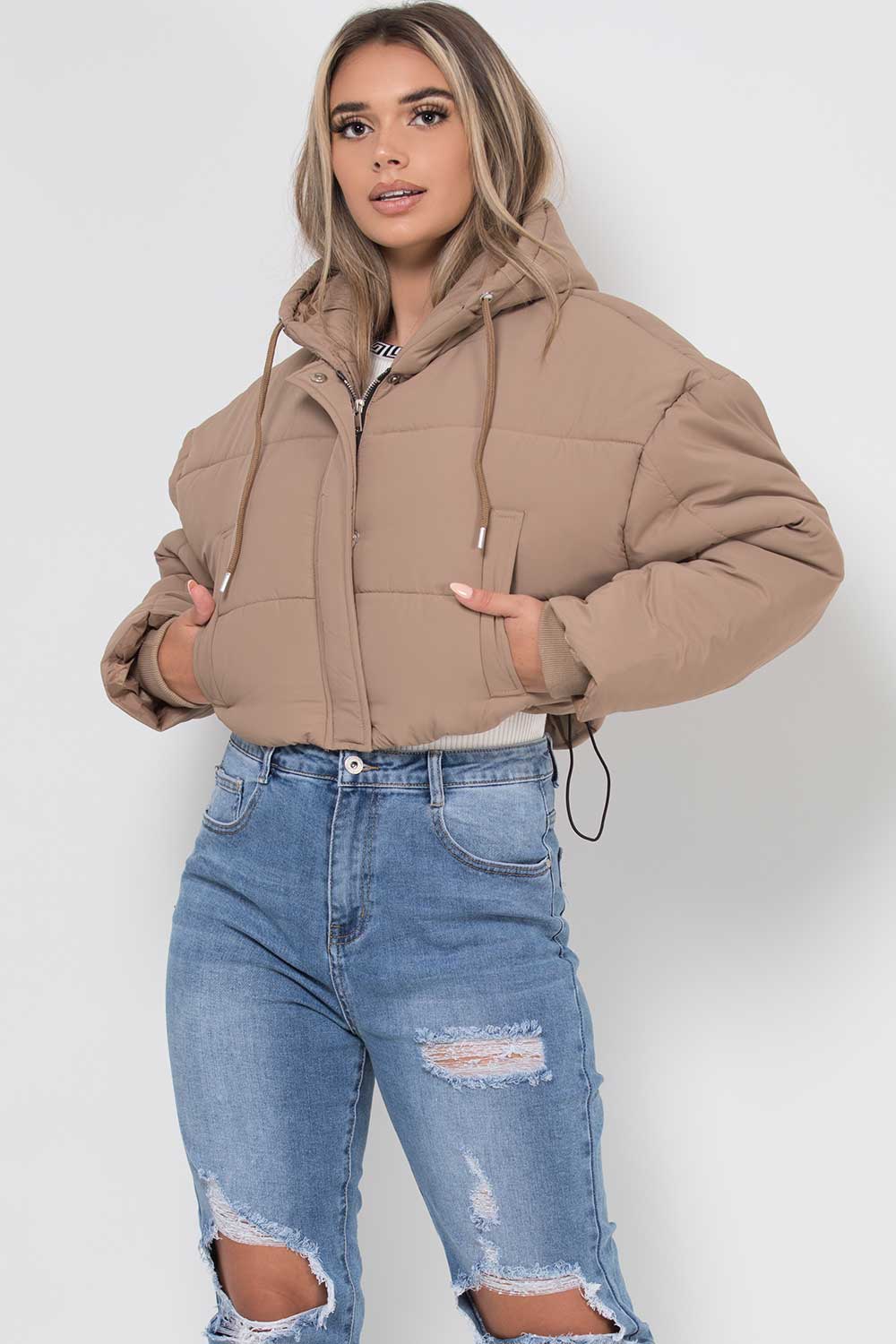 Women's Crop Puffer Jacket With Hood Beige Oversized Padded Coat