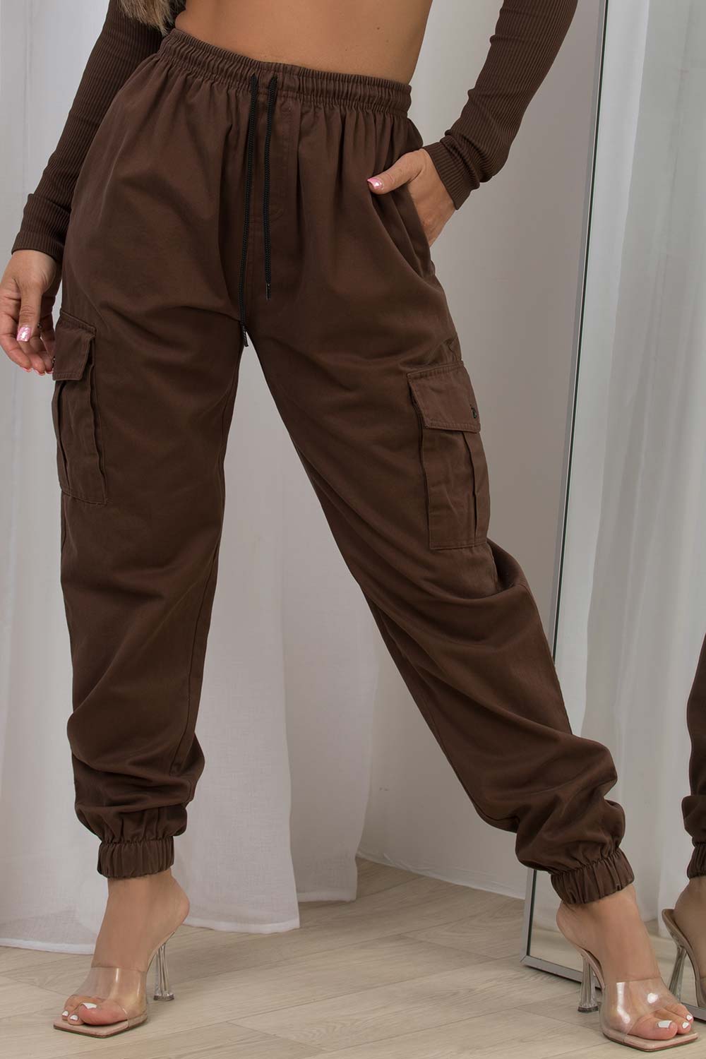 Black Cuffed Cargo Pants High Rise Stretch Combat Utility Trousers  eBay