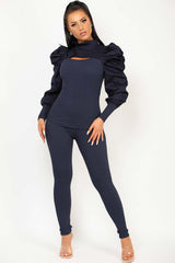 lounge wear with ruched puff sleeve navy