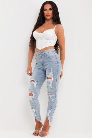 Women's Light Wash Ripped Jeans With Diamante Detail –