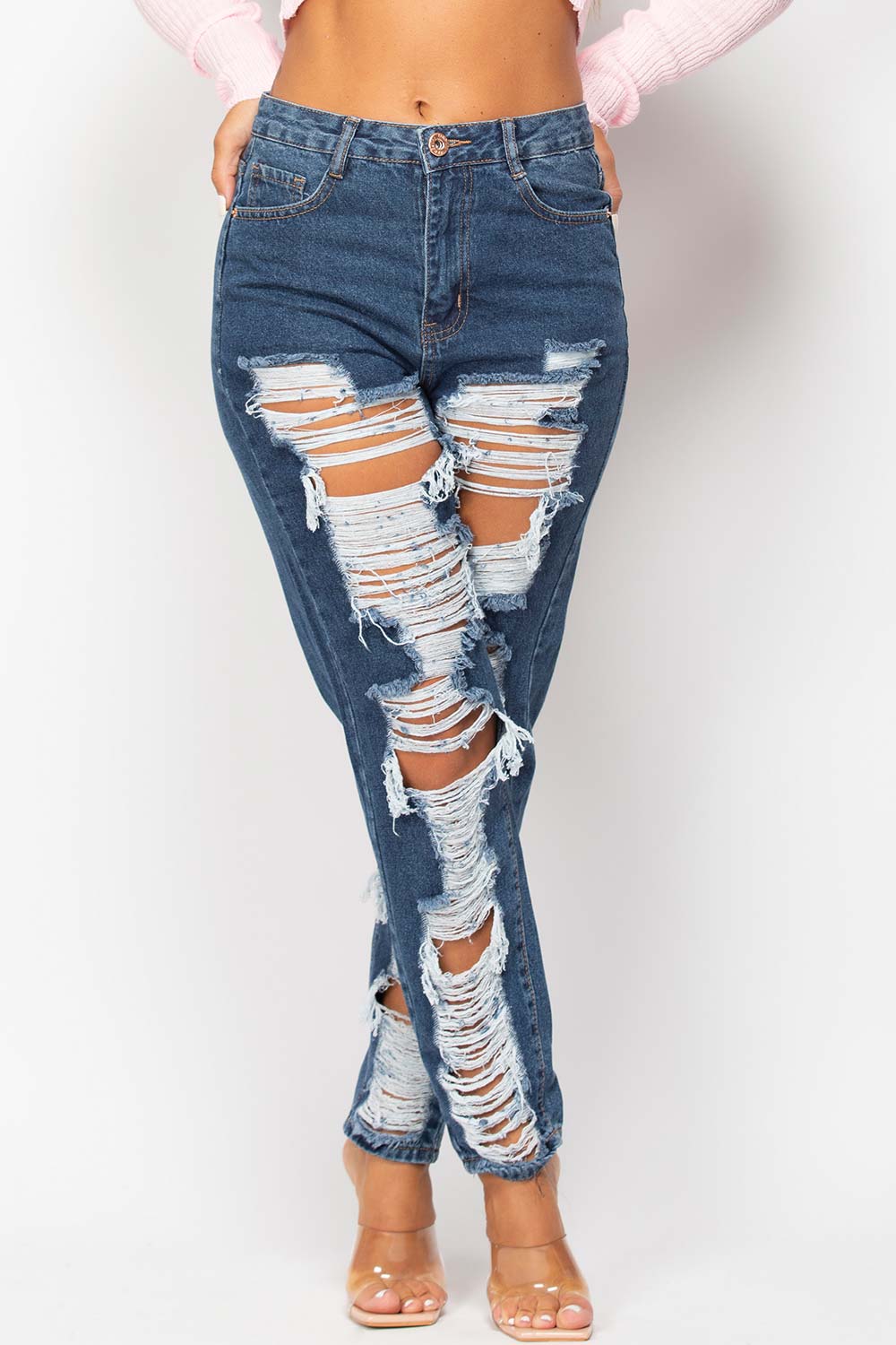 Womens Distressed High Waisted Mom Jeans Mid Wash –