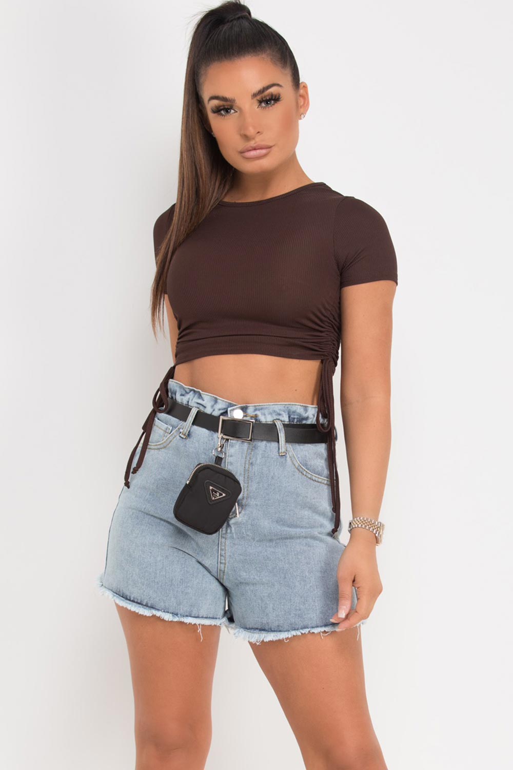 ribbed ruched side crop top chocolate brown 