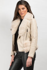 cream faux fur faux leather jacket 