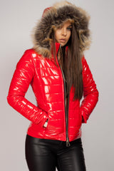 red wetlook faux fur hood jacket womens 