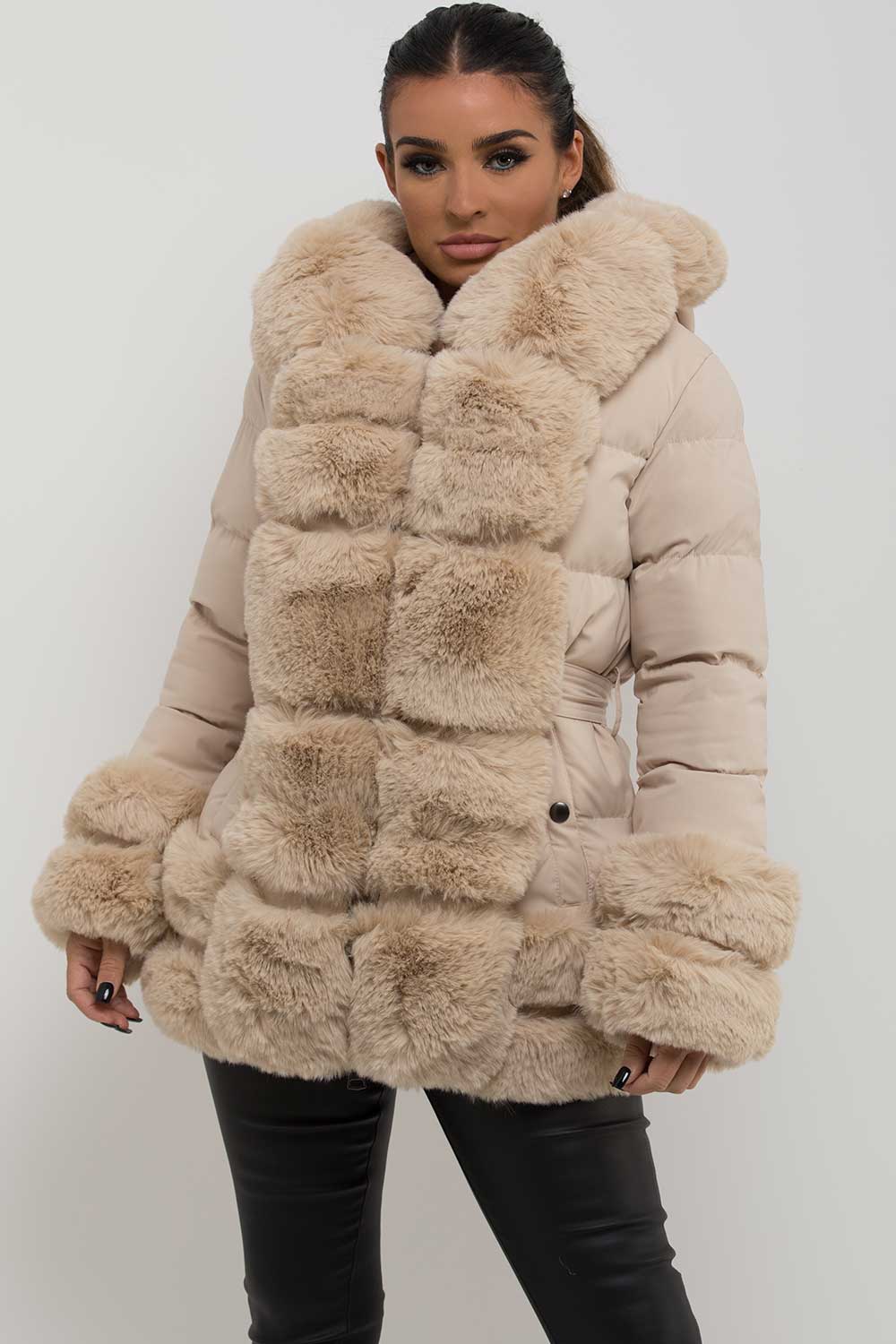 fur hood cuff and trim puffer jacket with belt womens