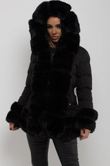 womens puffer padded jacket with fur hood cuff and trim