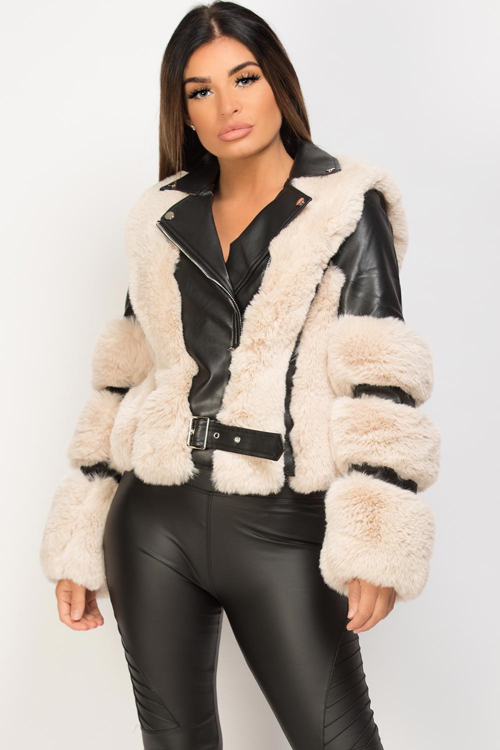 beige faux fur faux leather aviator jacket 