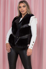 womens faux fur faux leather biker gilet waist coat black