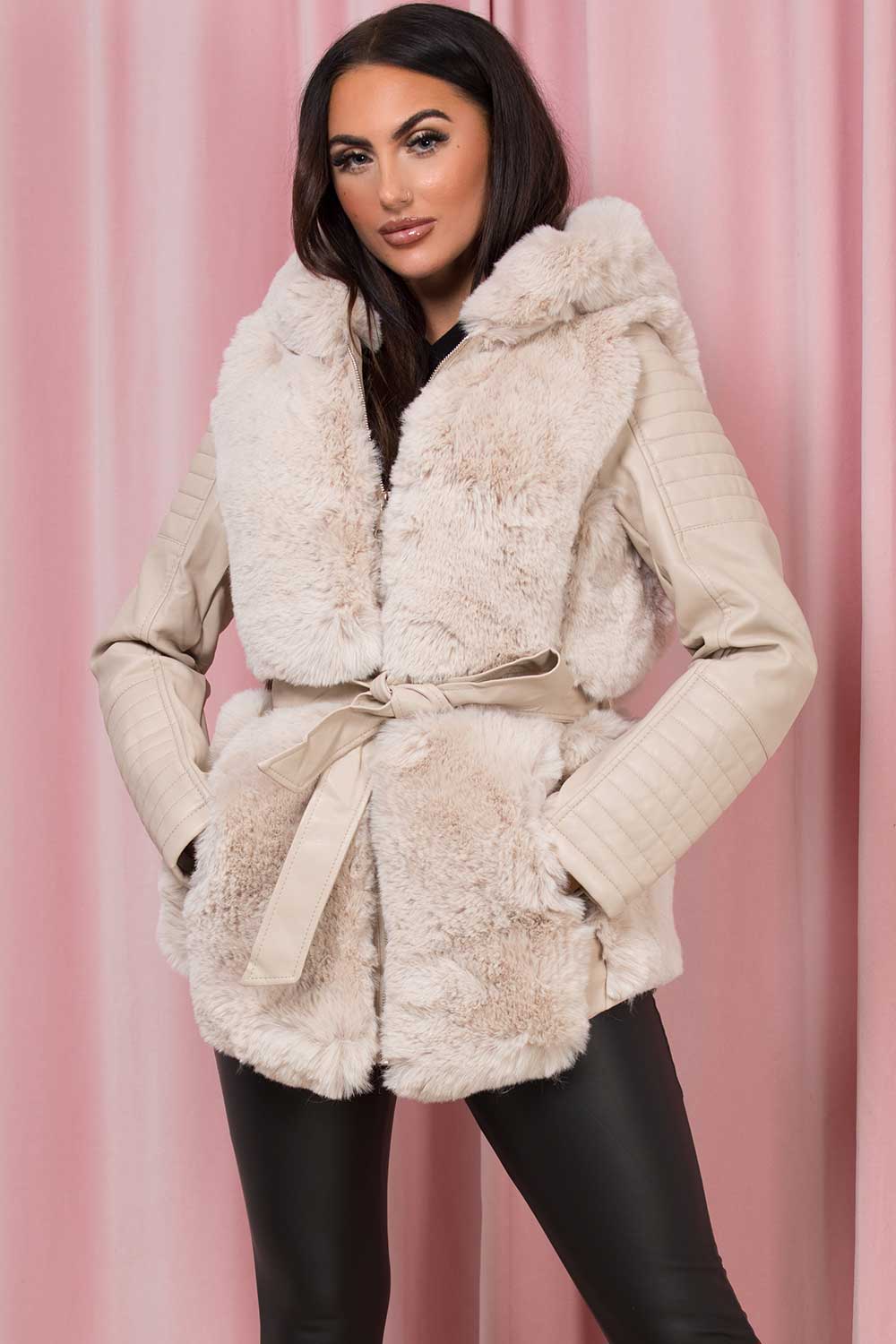 Faux Leather Jacket With Faux Fur Panel Cream