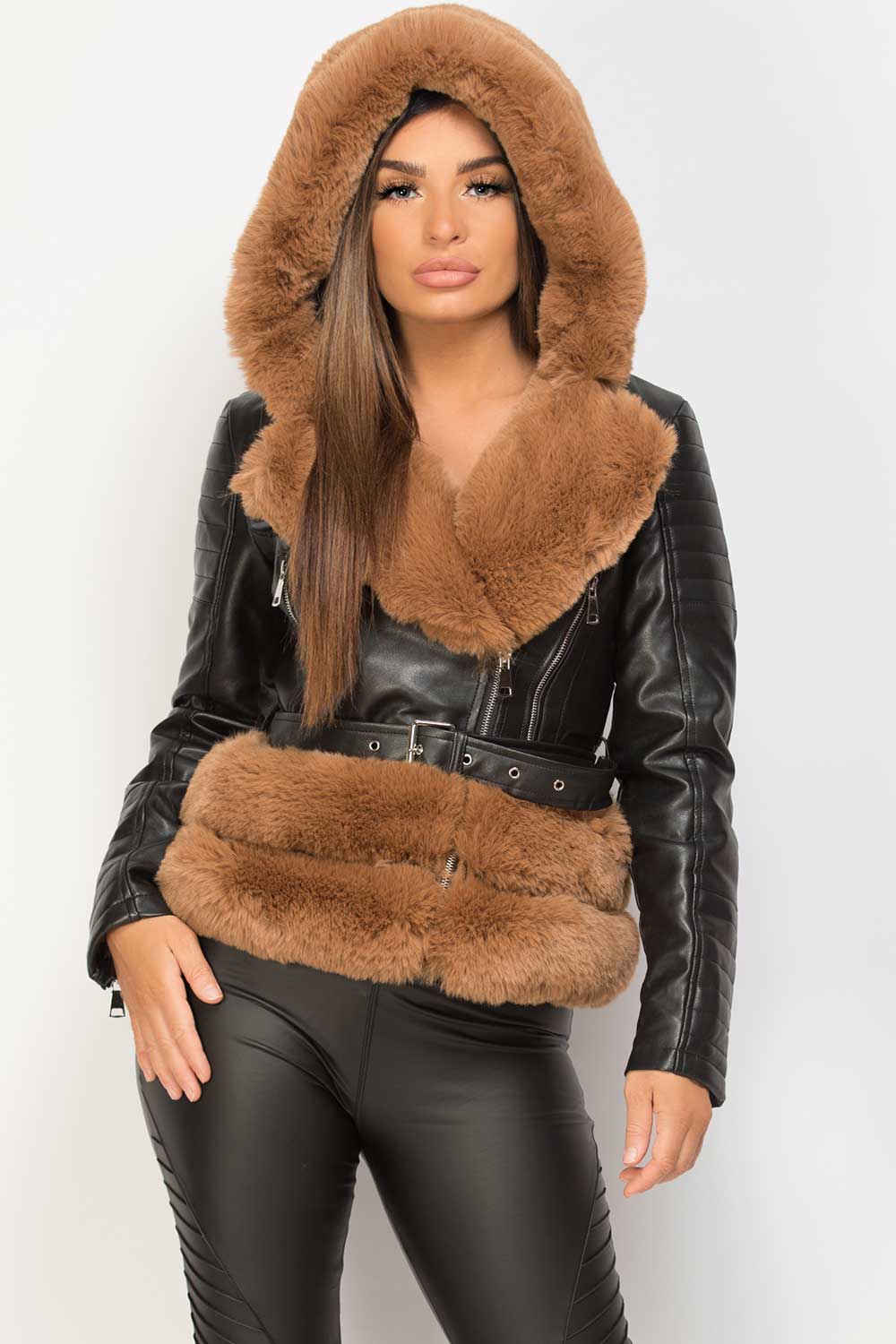 faux fur faux leather hooded jacket with belt 