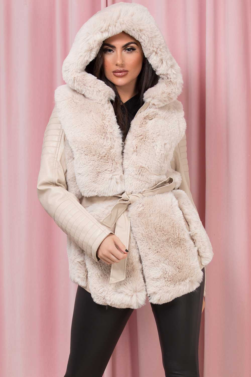 faux fur faux leather jacket with hood