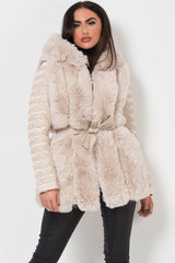 fur panel faux leather hooded jacket with belt