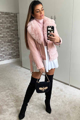 faux fur jacket with belt pink 