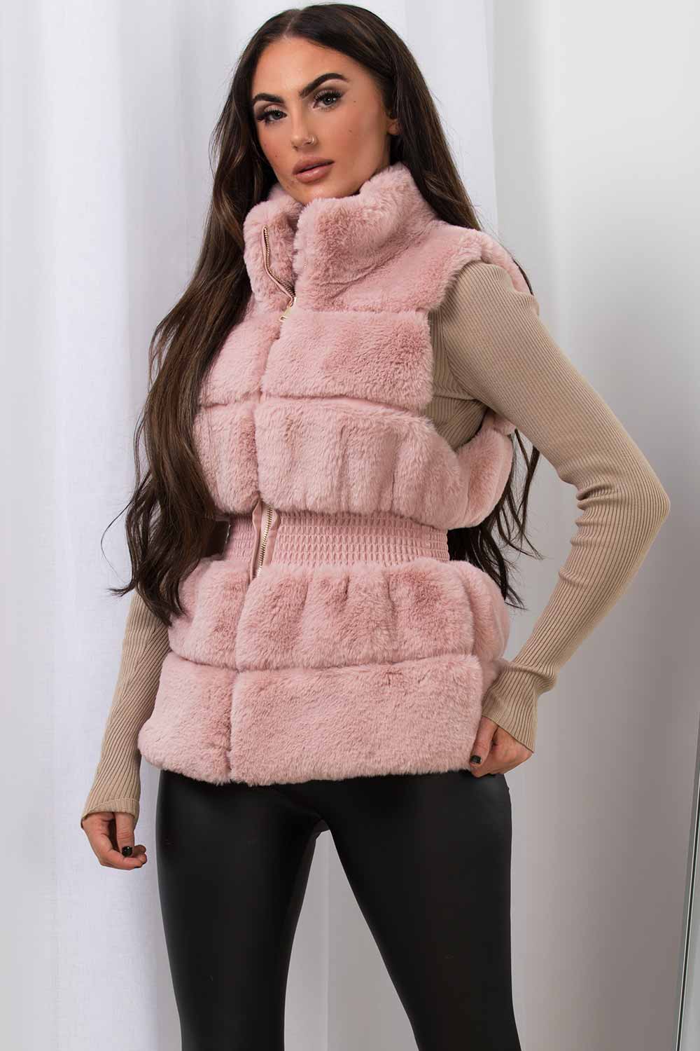 faux fur gilet with gathered waist pink